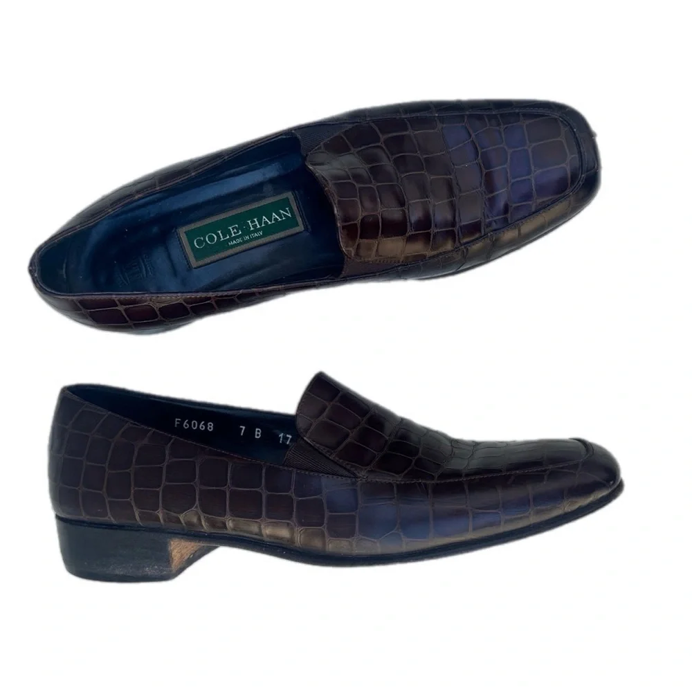 Vintage Cole Haan Croc-Embossed Leather Loafers – Brown Slip-On Dress Shoes, 7
